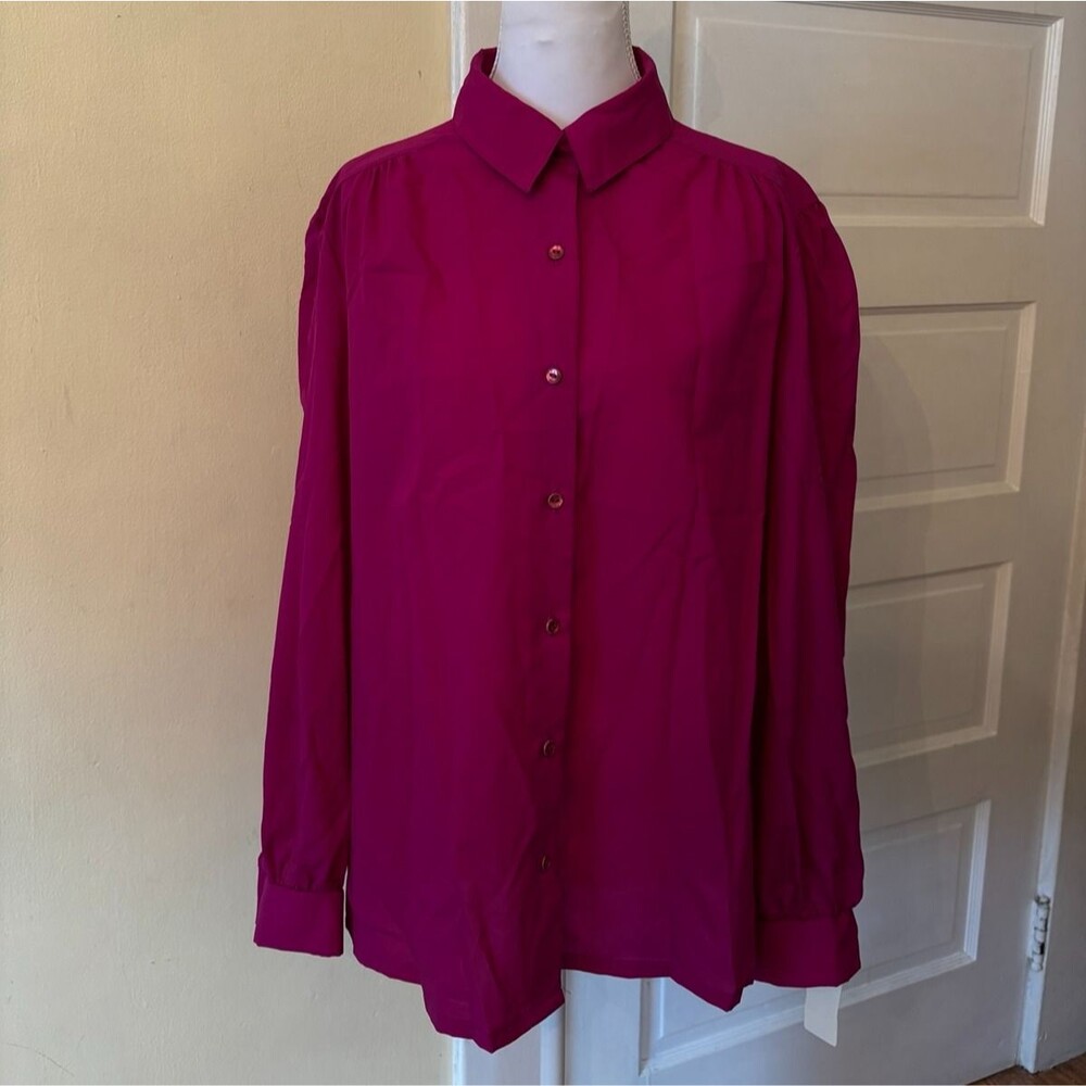 Womens long sleeve button down tunic blouse magenta pink vintage grandmacore